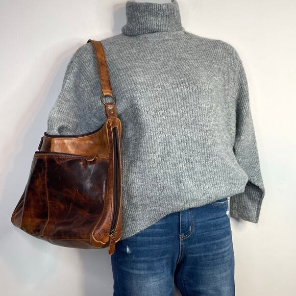 Paul & Taylor Honey Brown Distressed Leather Concealed Carry Hobo Bag Purse - Picture 14 of 14